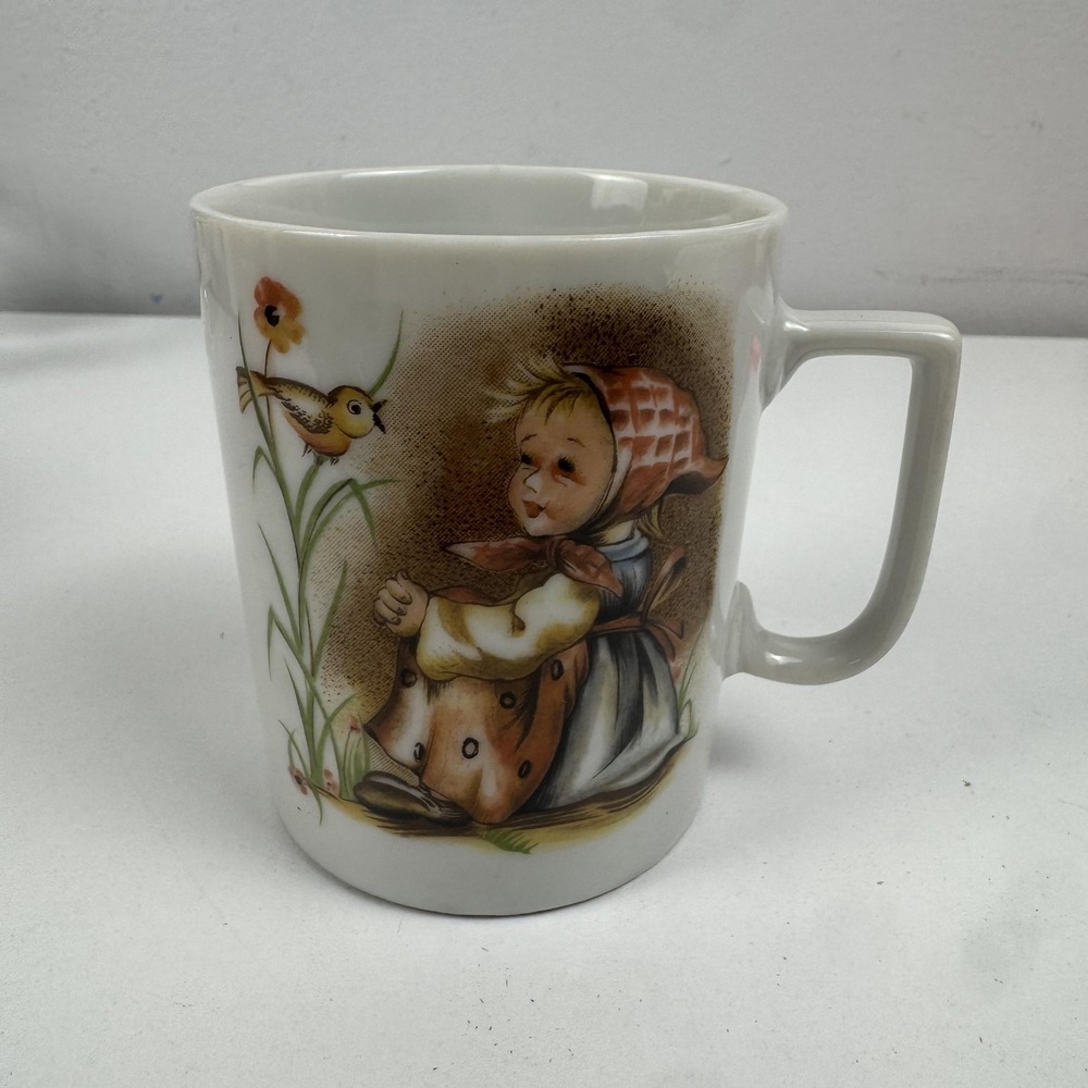 Vtg Japan Child‎ & Bird Coffee Mug Cottagecore Grandmacore Cup
